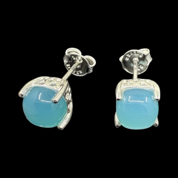 Natural Blue Chalcedony Cabochon Stud Earrings 925 Sterling Silver Handmade - Picture 3 of 4